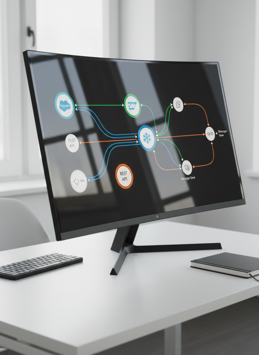 A sleek, ultra-modern cloud integration dashboard displayed on a frameless 34-inch curved monitor, showing a complex Oracle Integration Cloud workflow with distinct, colored flow lines connecting multiple application icons and endpoints. The monitor rests on a clean white desk with a subtle matte texture, flanked by a minimalist keyboard and a single dark gray notebook. Soft, cool daylight from an unseen window to the left casts gentle reflections on the screen and faint shadows on the desk. Photographic realism, shot at eye level with a slight three-quarter angle, sharp focus on the workflow diagram, background softly blurred. The mood is professional, precise, and orderly, emphasizing clarity and control in enterprise integrations.