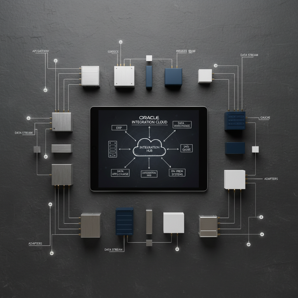 A bird’s-eye view of a large, dark slate workspace featuring a carefully arranged Oracle Integration Cloud architecture sketch, hand-drawn with crisp white lines on a digital tablet screen at the center. Around it sit neatly aligned metallic network components, abstract server blocks, and labeled connection nodes represented by small geometric objects in blue, silver, and white. Overhead neutral studio lighting creates even illumination with soft, minimal shadows, highlighting the symmetry of the layout. Photographic realism with sharp focus across the frame, creating a clean, technical atmosphere. The composition uses strong geometry and negative space to communicate a structured, end-to-end integration landscape for enterprise systems.