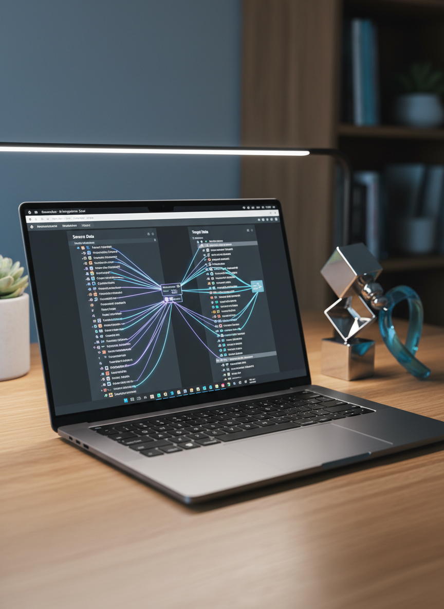A high-resolution close-up of a laptop screen showing an Oracle Integration Cloud mapping interface, with intricate field-to-field connections drawn as luminous, precise lines between structured data columns. The laptop rests on a smooth oak desk beside a small, geometric metal sculpture symbolizing data flow. Cool, focused task lighting from a slim LED bar above creates crisp highlights on the laptop’s metallic chassis and subtle reflections on the desk surface. Photographic realism with shallow depth of field, keeping the mapping lines and transformation rules in razor-sharp focus while the edges of the desk and background fade into a soft blur. The mood is analytical and focused, conveying the finesse of data transformation in integrations.
