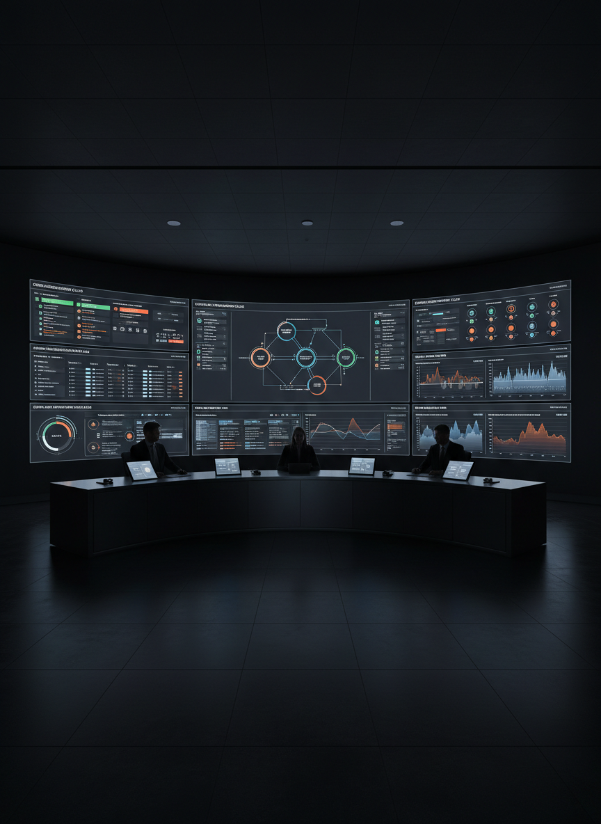 A panoramic, cinematic wide shot of a darkened operations room dominated by a wall of large, ultra-thin displays, each showing different Oracle Integration Cloud monitoring dashboards—color-coded health indicators, real-time message flows, and integration metrics visualized as clean graphs and timelines. The room’s surfaces are matte black and charcoal, with a single illuminated central console desk holding multiple minimalist screens. Cool blue and white screen light is the primary source, casting soft glows and subtle reflections on surrounding surfaces. Photographic realism with deep focus, emphasizing the complexity and reliability of 24/7 integration monitoring. The atmosphere is calm, secure, and mission-critical, suggesting enterprise-grade observability and control.