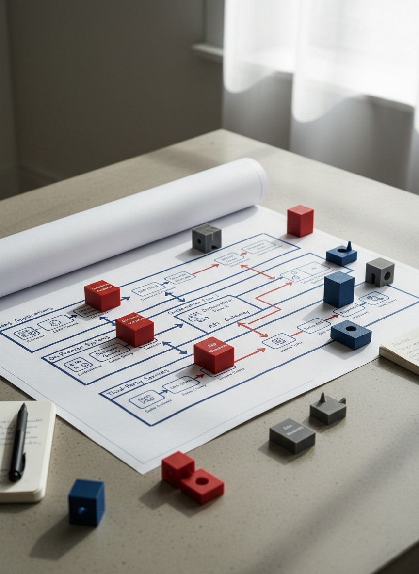 A meticulously organized integration design workspace on a light concrete desk, featuring a large printed blueprint-style diagram of an Oracle Integration Cloud workflow at the center. The diagram shows clearly segmented swimlanes for SaaS, on-premise, and third-party systems, connected by bold, directional arrows. Surrounding the print are small, minimalist 3D blocks and connectors in red, blue, and gray, physically laying out key services like adapters, orchestrations, and APIs. Soft, diffused daylight falls from a right-side window, creating mild shadows that accentuate the 3D elements. Photographic realism, shot from a slightly elevated angle, with crisp detail throughout. The mood is methodical and strategic, illustrating solution architecture planning for complex integrations.